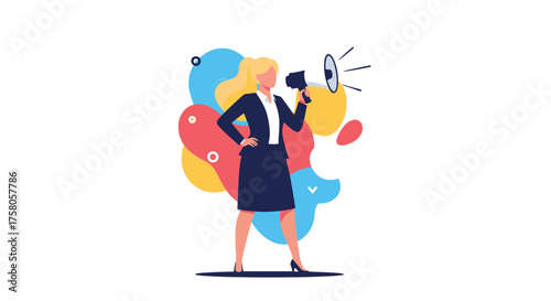 A confident businesswoman stands with a megaphone making an announcement.