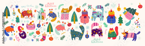 Holiday Christmas big set with funny cute cats. Christmas elements