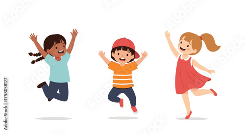 Three happy children are jumping and raising their hands in the air celebrating something.