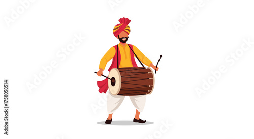 A man in traditional Punjabi attire plays a dhol drum with sticks during a festival celebration.