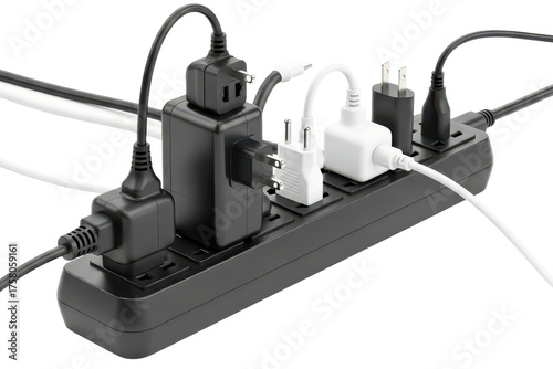 Overloaded black power strip with many plugs and adapters on a transparent background