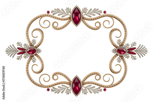 Ornate antique golden scrollwork frame with red gemstones and leaf accents isolated on transparent background