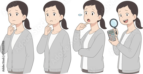 Thoughtful Woman Cartoon Character Vector Illustration Set with Magnifier and Calculator Puzzled Expressions