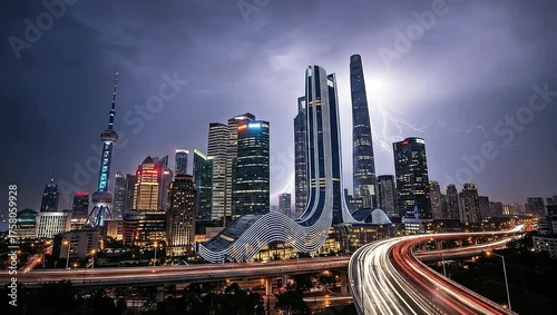 Wallpaper Mural Shanghai Skyline Lightning Storm - A Dramatic Nightscape of Urban Power. Torontodigital.ca