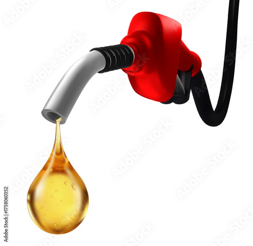 Red gasoline pump nozzle with dripping golden oil drop representing fuel or energy Realistic clean isolated background, oil company economy Realistic oil drop