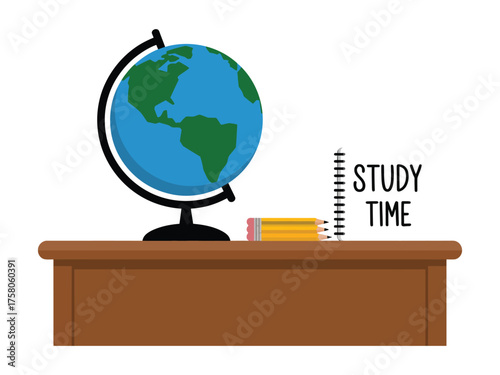 Desk with globe and pencils symbolizes learning and global education