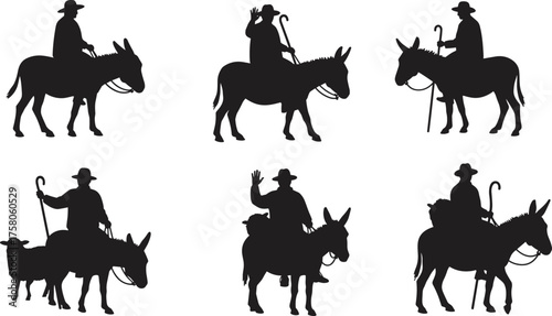 Silhouette vector illustration of people riding donkeys with staffs and hats, pastoral biblical theme, shepherds, nativity journey, traditional rural life