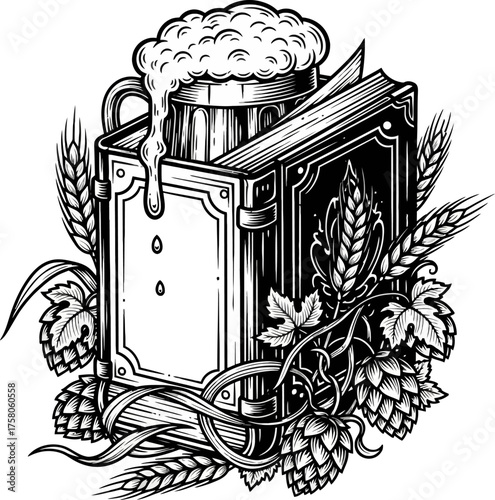 Vector art of vintage beer mug and wheat illustration with ornate design