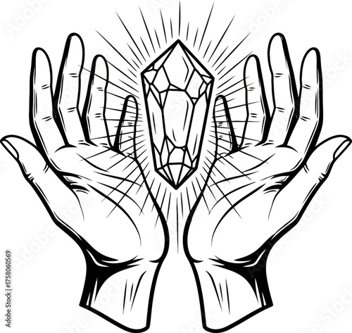 Vector art of mystical hands holding crystal with glowing rays, esoteric and spiritual symbol