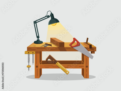 Illuminated workbench with woodworking tools and lumber, ready for crafting.