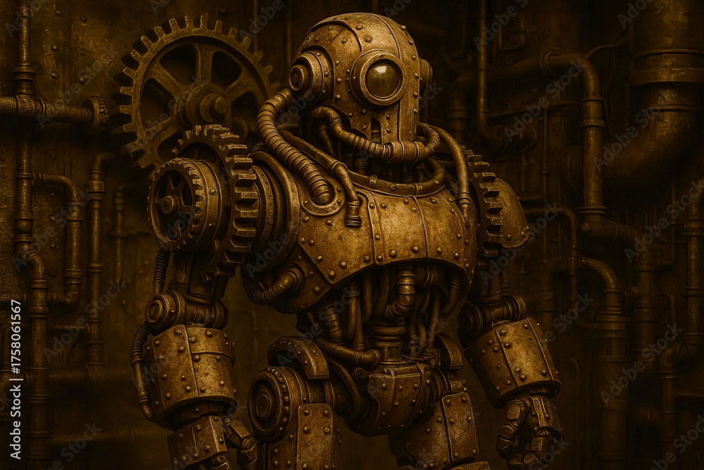 Obraz premium Dieselpunk Robot Figure Grungy Industrial 