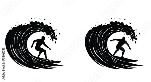Two silhouetted surfers riding large curling ocean waves in black and white