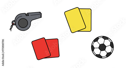Referee tools including whistle yellow cards red cards and a soccer ball