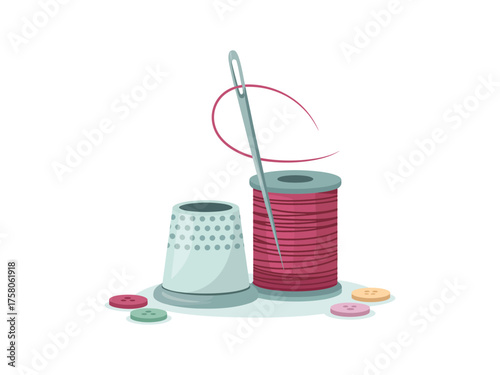 Sewing needle with vibrant red thread and thimble surrounded by colorful buttons
