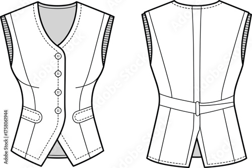 Women's tailored vest front and back view, fashion flat sketch, technical garment design, cad drawing flat vector illustration