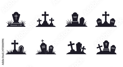 A collection of various black tombstone and grave icons on white background