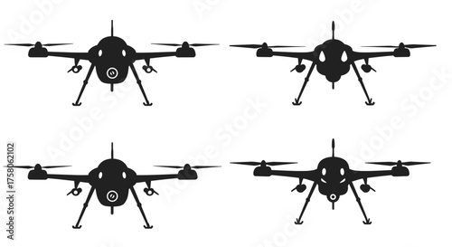Four black drone silhouettes showcase aerial technology and modern design elements