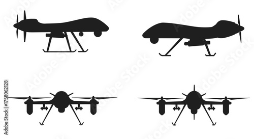 Silhouettes of military drones and aircraft in a minimalist style