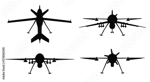 Detailed silhouettes of military drones displayed in various orientations