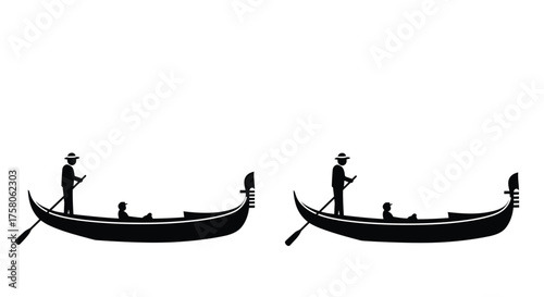 Simple black silhouette illustration of gondolas with figures on water