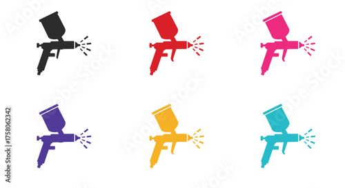 Stylized spray guns in various colors depicted in a simple icon set