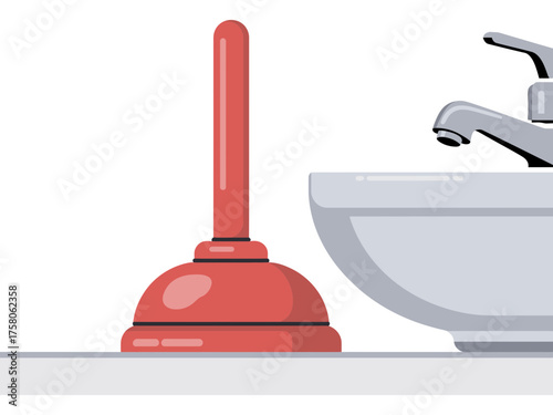 Red plunger standing next to a bathroom sink with a modern faucet in a clean, bright setting.