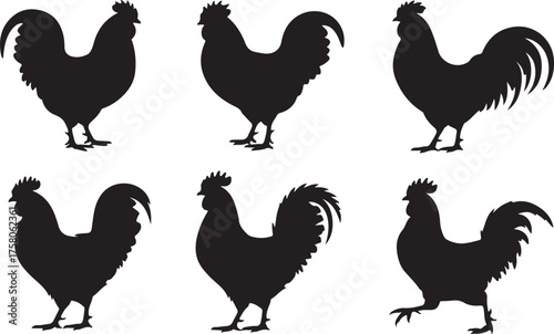 Six silhouetted roosters standing proudly displayed