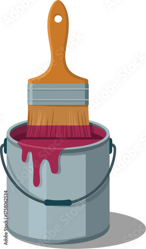 Paintbrush dipped in vibrant pink paint with drips from a metal can