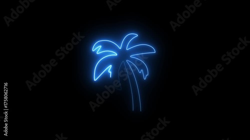 Glowing blue outline neon palm tree animation. Tropical vacation paradise summer holiday. 4K Beach party vibe video loop.