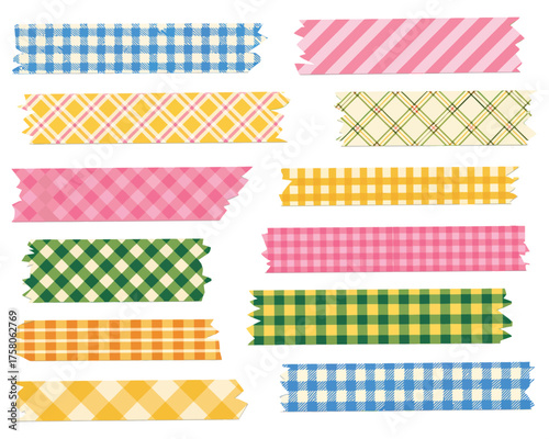  Colorful washi tape strips with plaid patterns,  collection of decorative
