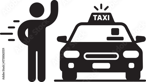 Person hailing a taxi car with 'taxi' sign
