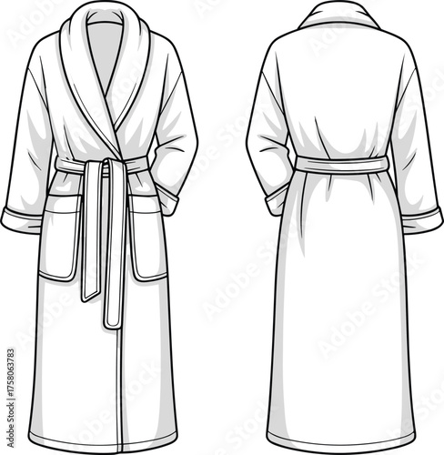 Bathrobe technical sketch, front and back view, shawl collar, belt tie, patch pockets, CAD drawing, flat vector illustration, fashion design