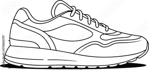 Cad drawing flat vector illustration, black and white sneaker outline, side view shoe sketch, footwear design blueprint, fashion concept