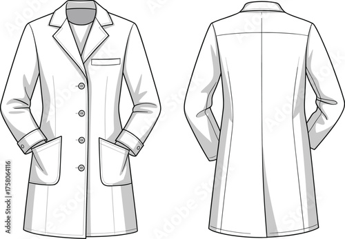 Cad drawing flat vector illustration, lab coat front back view, fashion sketch, medical garment design, professional wear, technical blueprint