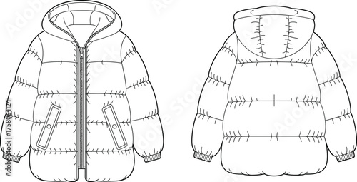 Cad drawing flat vector illustration, puffer jacket front back view, fashion sketch, quilted coat design, hooded outerwear, technical garment