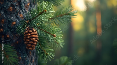 Close-up of a pine cone hanging from a branch with a blurred forest background