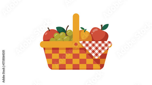A charming picnic basket overflowing with fresh, colorful fruits, ready for an outdoor meal.