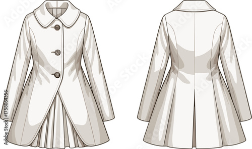 Cad drawing flat vector illustration, women coat front back view, fashion sketch, pleated design, elegant outerwear, garment construction detail