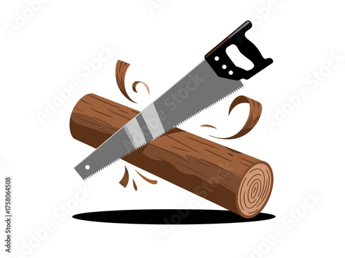 Hand saw cutting through log with wood shavings flying