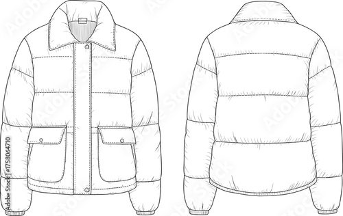 Puffer jacket technical sketch, front and back view, quilted design, flap pockets, zipper closure, CAD drawing, flat vector illustration