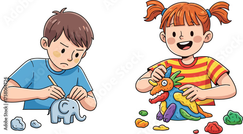 Children sculpting with modeling clay, creative activity, cartoon kids, colorful figures, elephant and dragon, art tools, playful scene, imaginative artwork