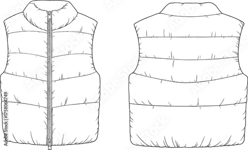 Puffer vest technical sketch, front and back view, quilted jacket design, zipper closure, high collar, fashion CAD drawing, flat vector illustration