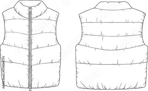 Puffer vest technical sketch, front and back view, quilted jacket design, zipper closure, high collar, CAD drawing, flat vector illustration