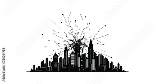 Urban skyline shatters with explosive energy, symbolizing disruption and change.