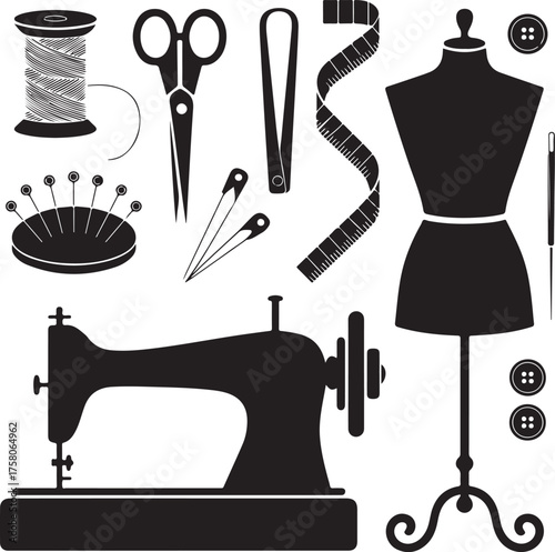Sewing machine and tailoring tools silhouette collection