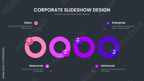 Financial Showcase Slideshow Layout Vector Illustration. Service Briefing Four Element Diagram Slide Template. Product Report 4 Step Chart Presentation Design.