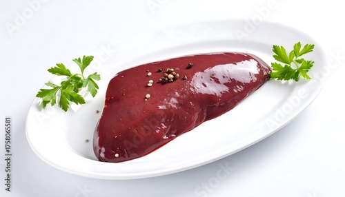 Fresh Beef Liver on a Plate Garnished with Parsley.