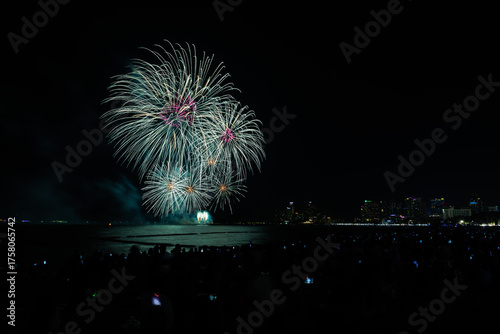 Beautiful colorful fireworks night scene shot at Pattaya International Fireworks Festival and silhouette Group of people tourist shoot and record firework show,