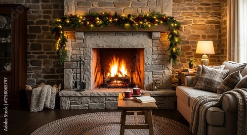 A cozy living room with a roaring fireplace decorated for the holidays, featuring a stone hearth and warm lighting.
