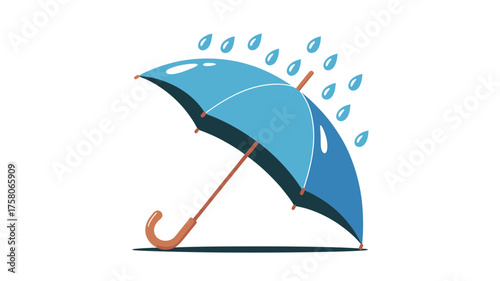 Bright blue umbrella protecting from falling raindrops on white background.